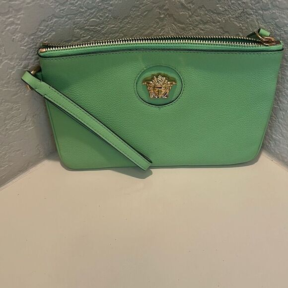 Versace Zip Top Medusa Emblem Wristlet Clutch Lime Green Leather Luxury - Picture 2 of 13